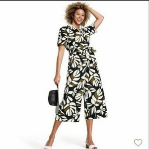 Tabitha Brown Med Neutral Palm Botanical Print Button-Tie-Front Jumpsuit Cropped